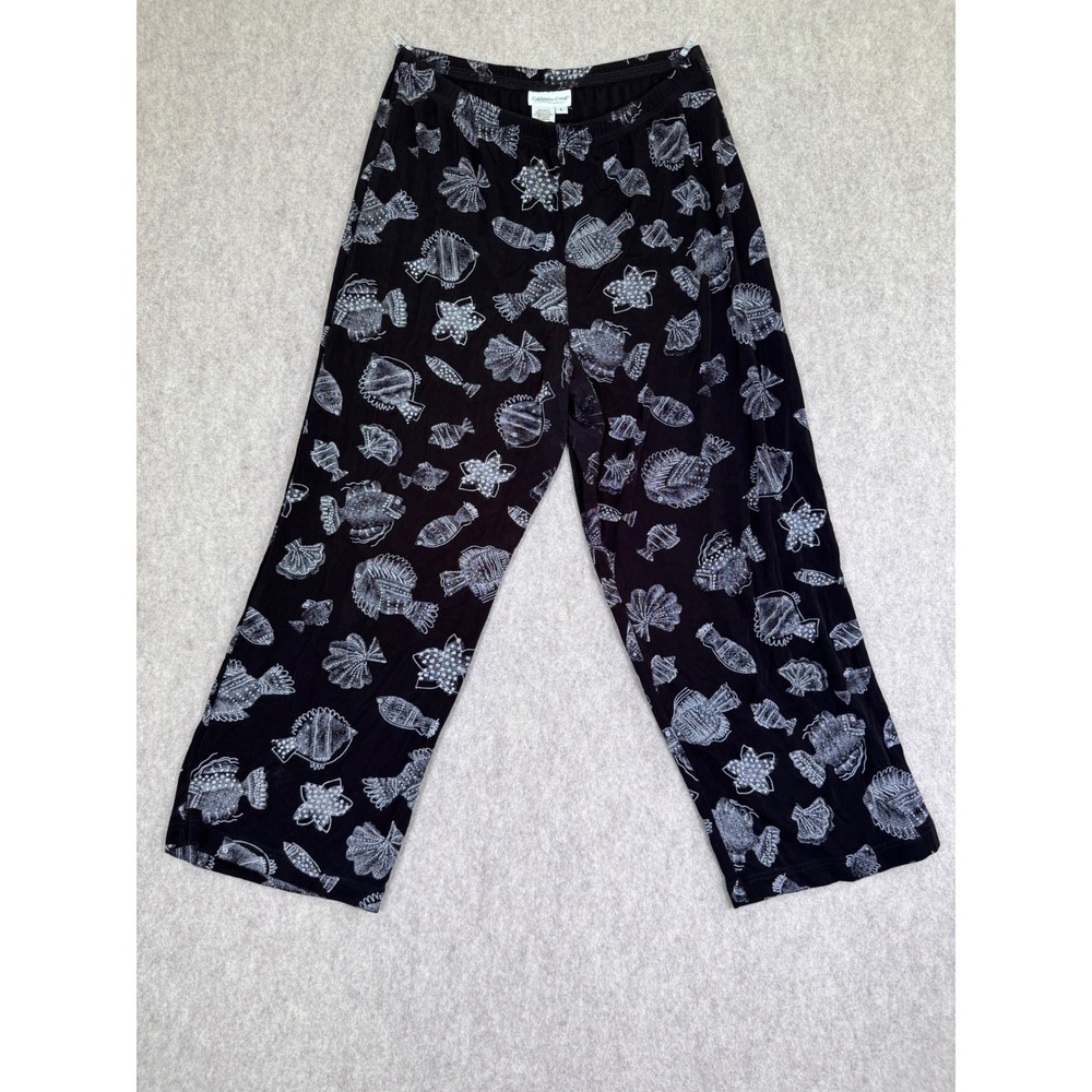 Coldwater Creek Womens Large Black Fish Shell Print Wide Leg Elastic Waist Pants
